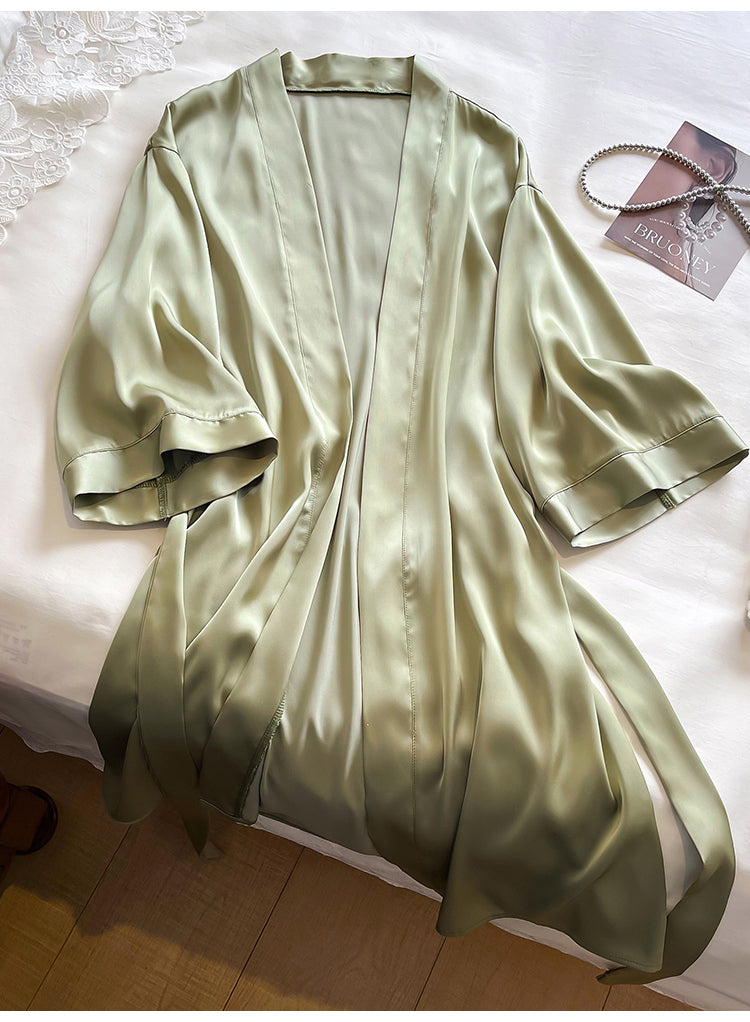 Peignoir Kimono en Soie Vert Luxueux