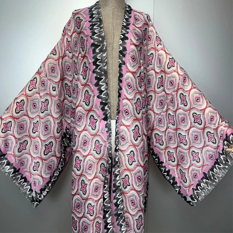 Abaya Kimono Rose à Motifs