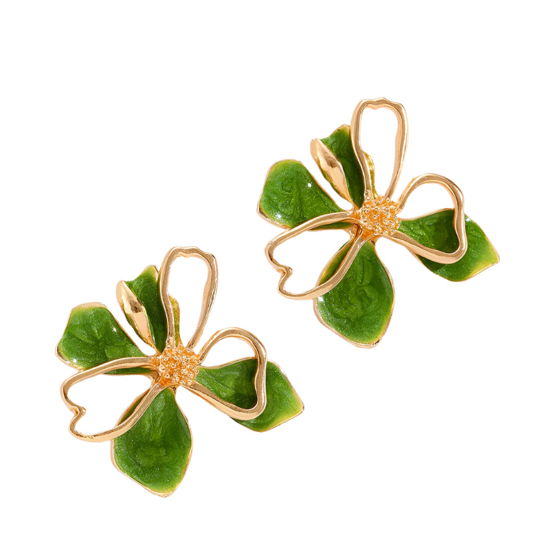 Boucles d’Oreilles Fleur Dorée et Colorée Vert