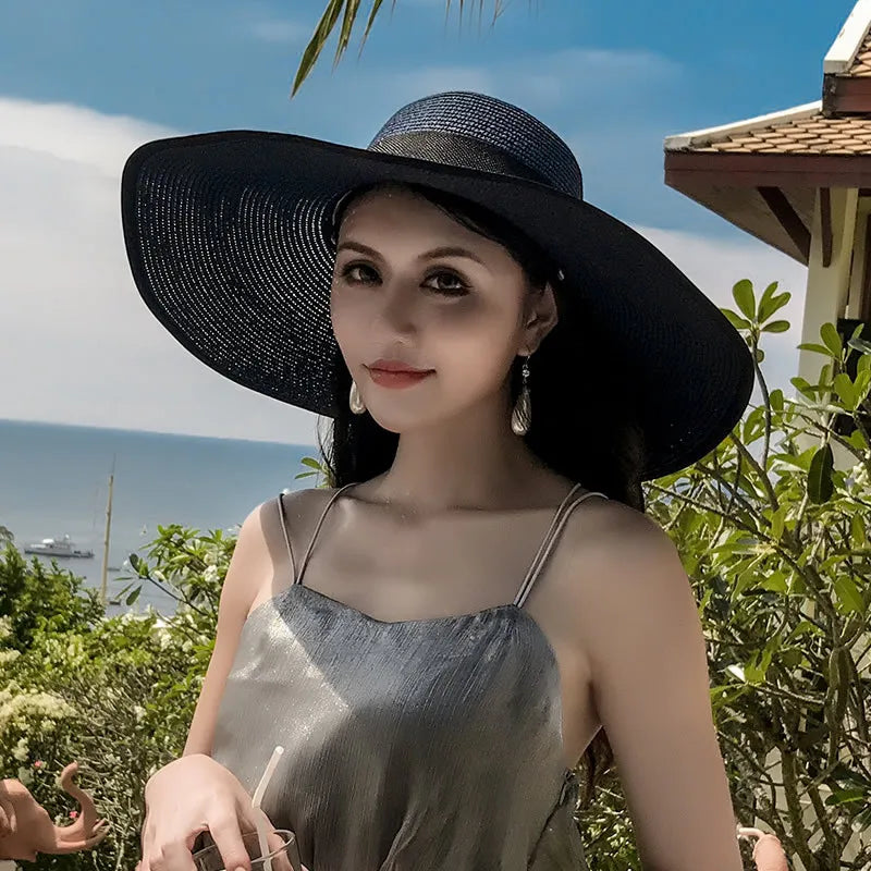Chapeau de Paille Femme Été Bleu-Foncé