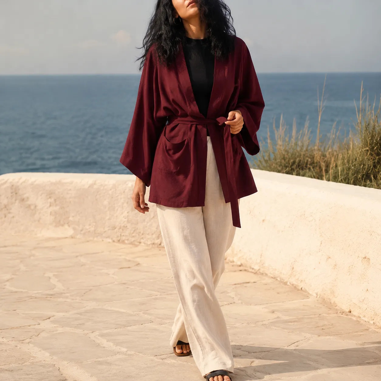 Kimono de Plage Bordeaux Fluide