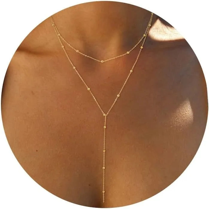 Collier à Double Rang en Y à Petites Perles Doré