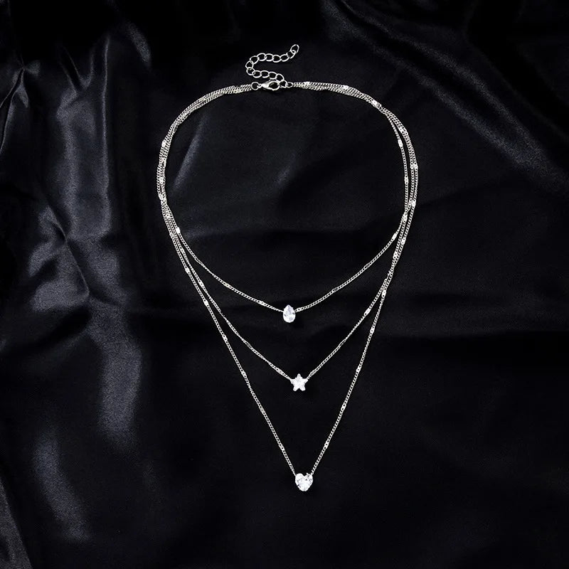 Collier Multicouche à Triple Pendentif Argenté