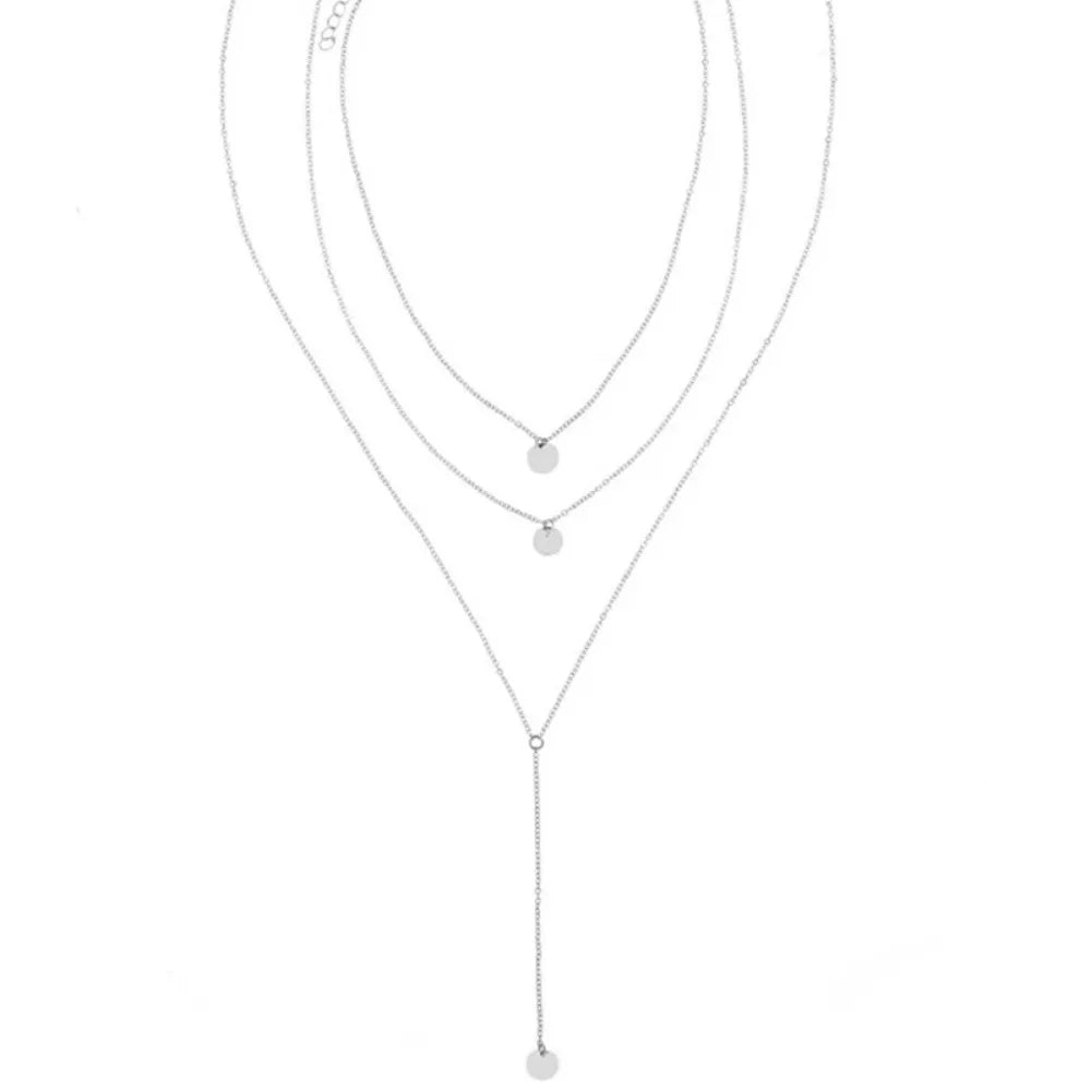 Collier Triple Rond à Pendentifs Circulaires Argenté