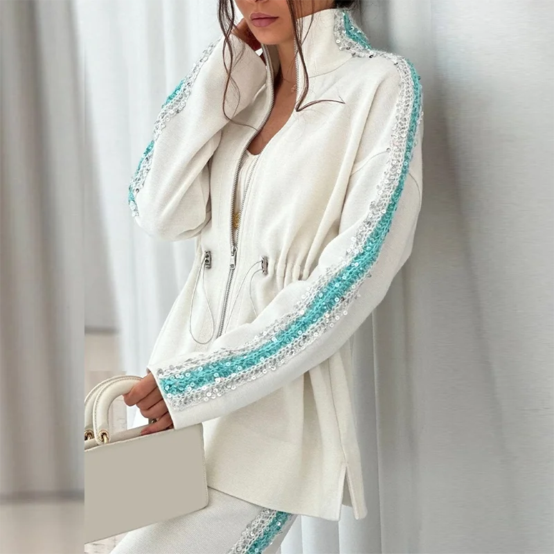 Ensemble Kimono Blanc Pailleté Bleu Stylé