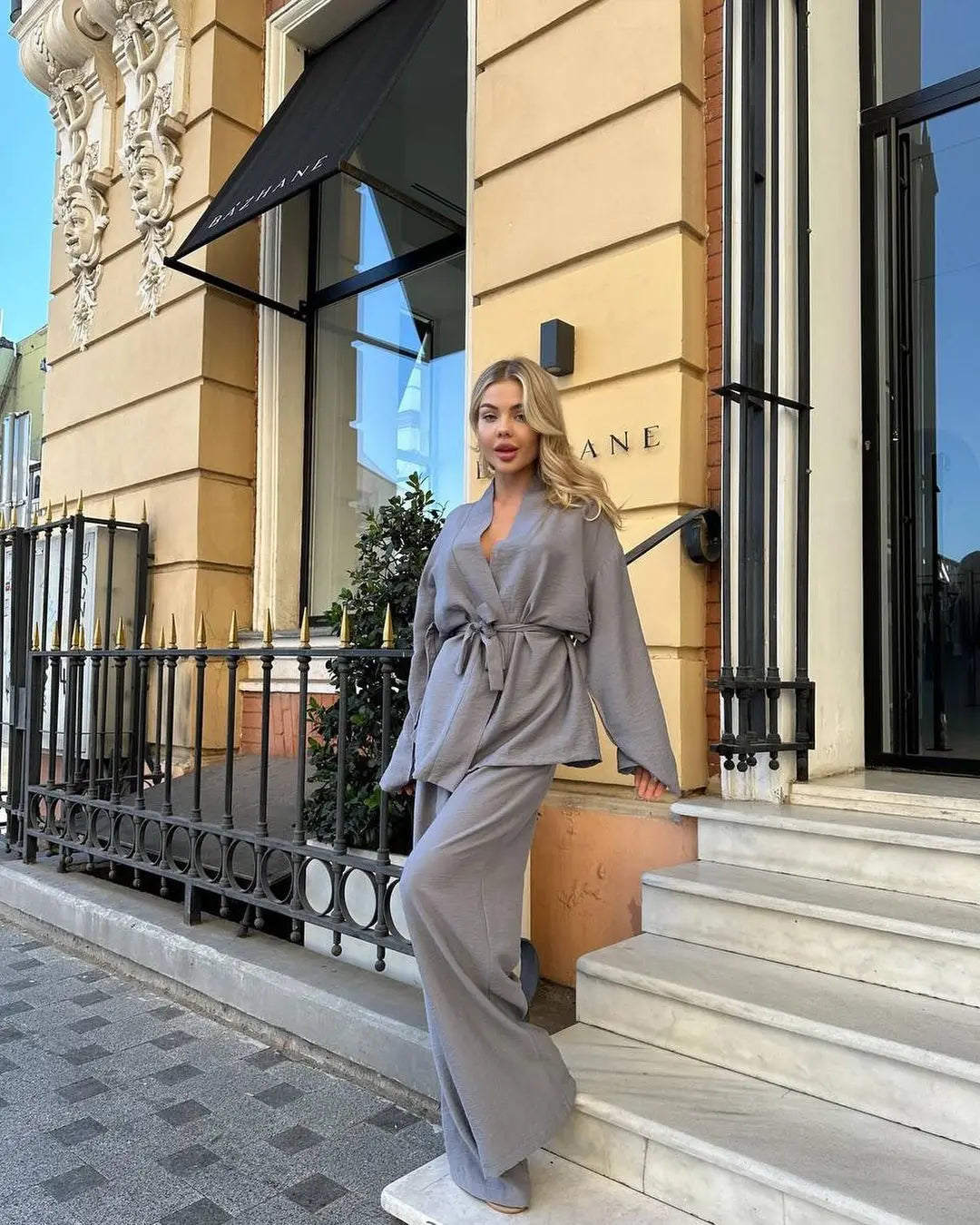 Ensemble Kimono Gris Ample Élégant