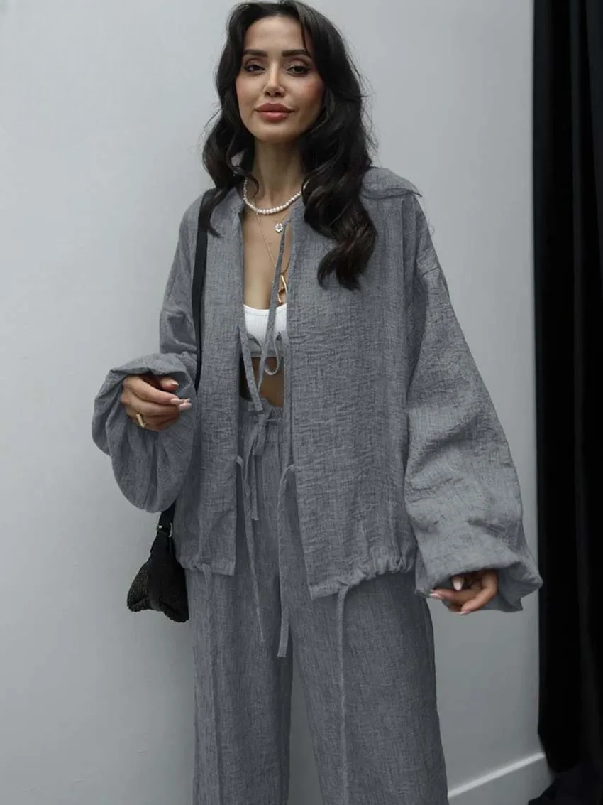 Ensemble Kimono Gris à Lacets Confortable