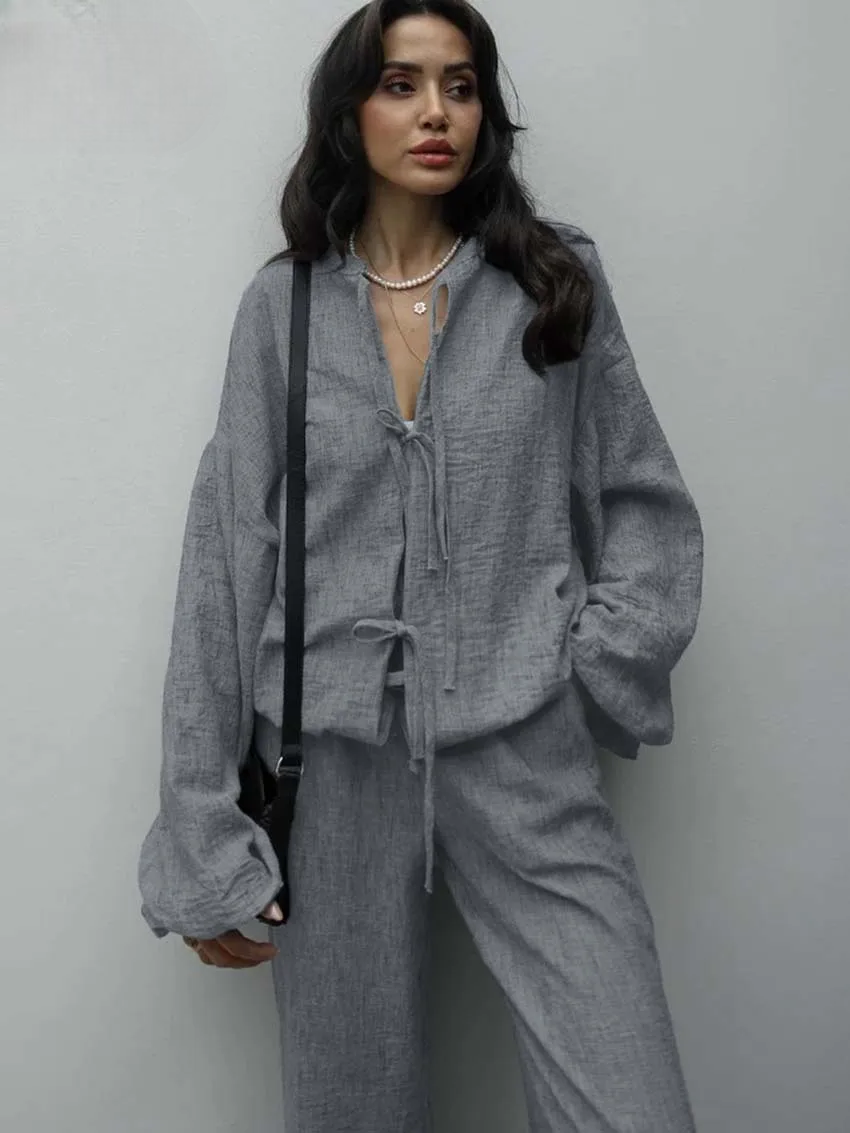 Ensemble Kimono Gris à Lacets Léger