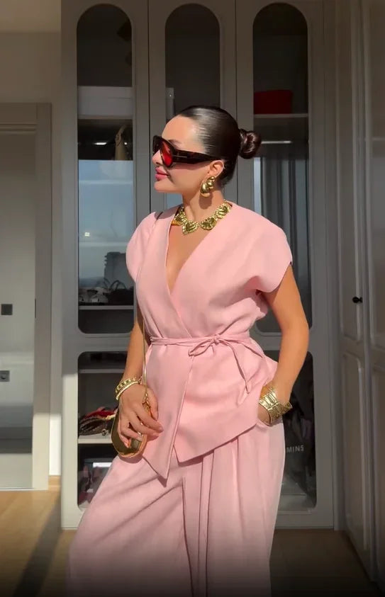 Ensemble Kimono Rose à Manches Courtes Élégant