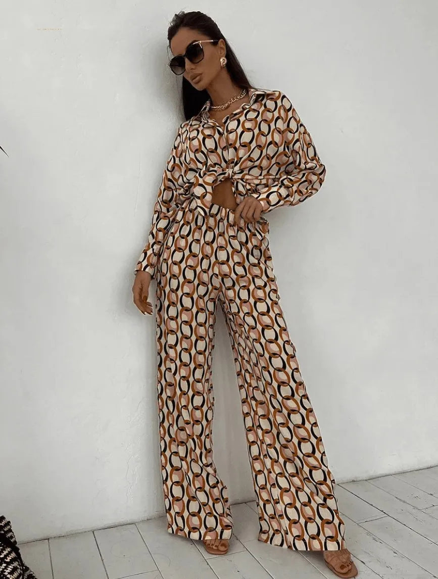 Ensemble Kimono Tendance à Motifs Géométriques Soyeux