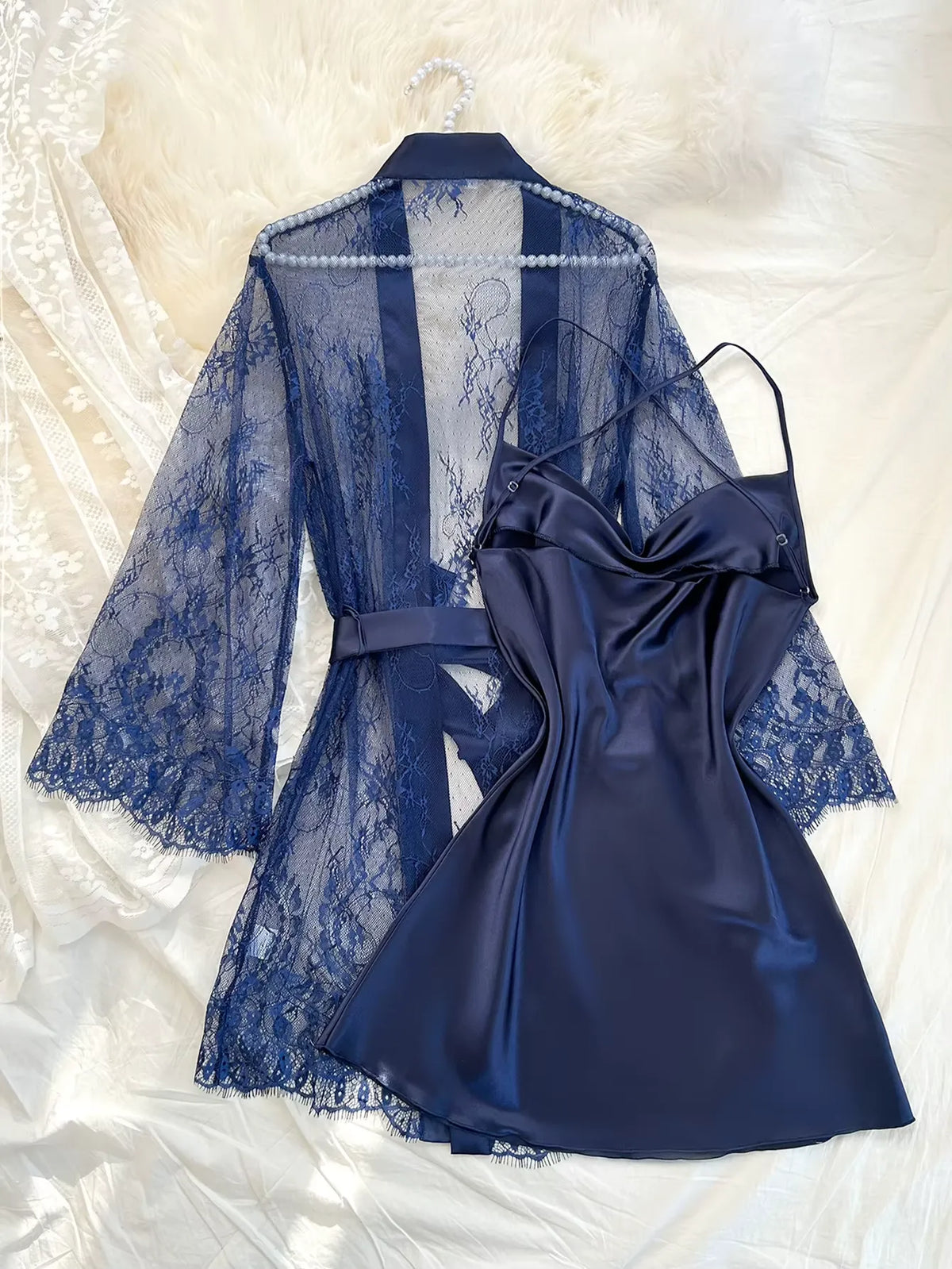 Ensemble Kimono de Nuit Bleu Sexy en Dentelles Léger