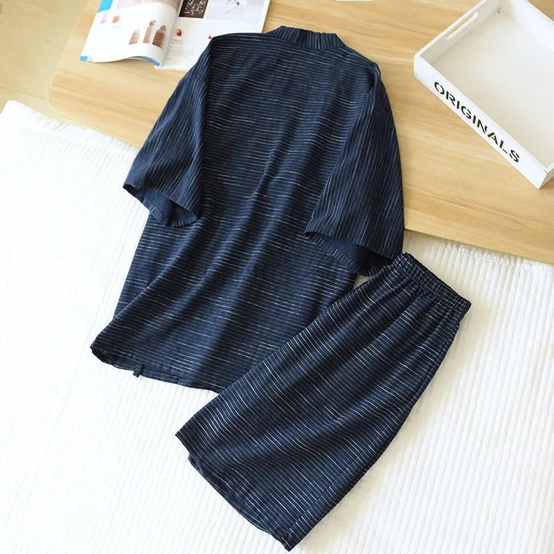 Ensemble Pyjama Kimono Léger Bleu Court