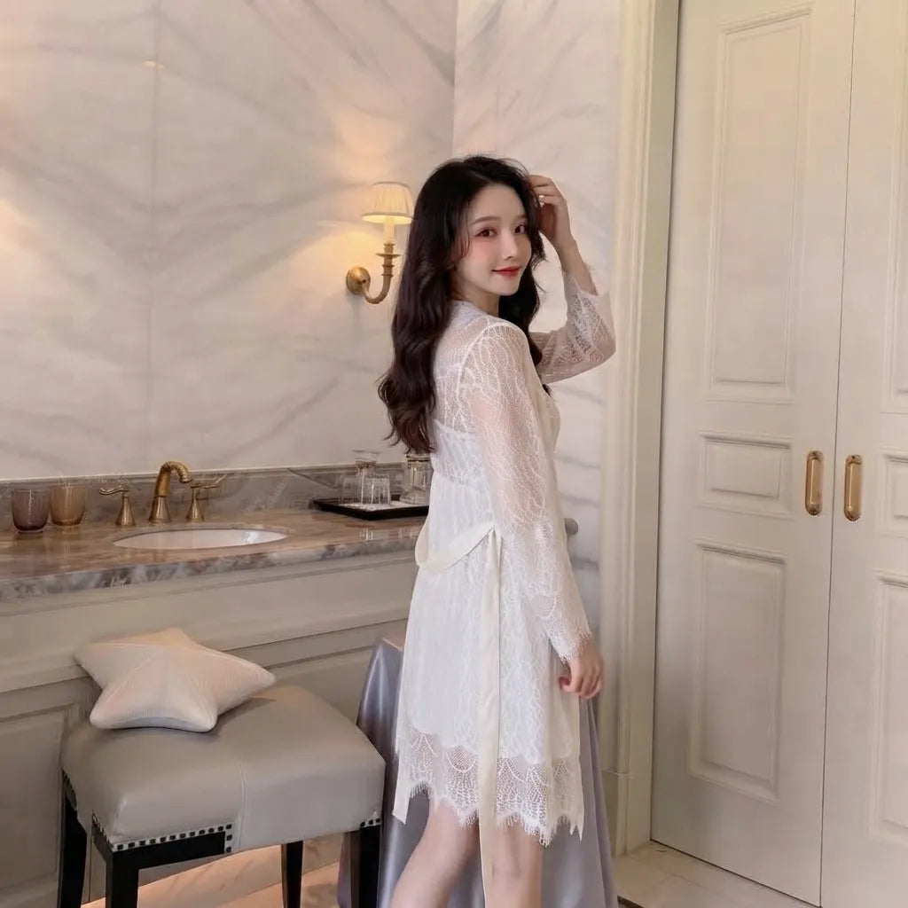 Ensemble Robe Kimono Blanc Dentelle Léger
