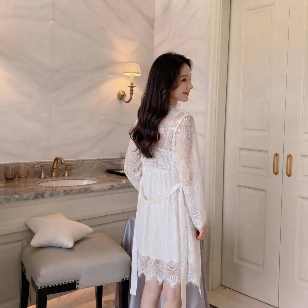 Ensemble Robe Kimono Blanc Dentelle Léger Dos