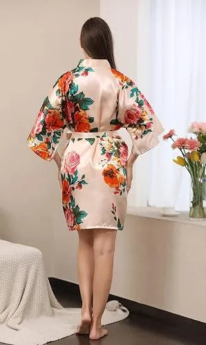 Floral Satin Kimono Rose Orangé Fleuri