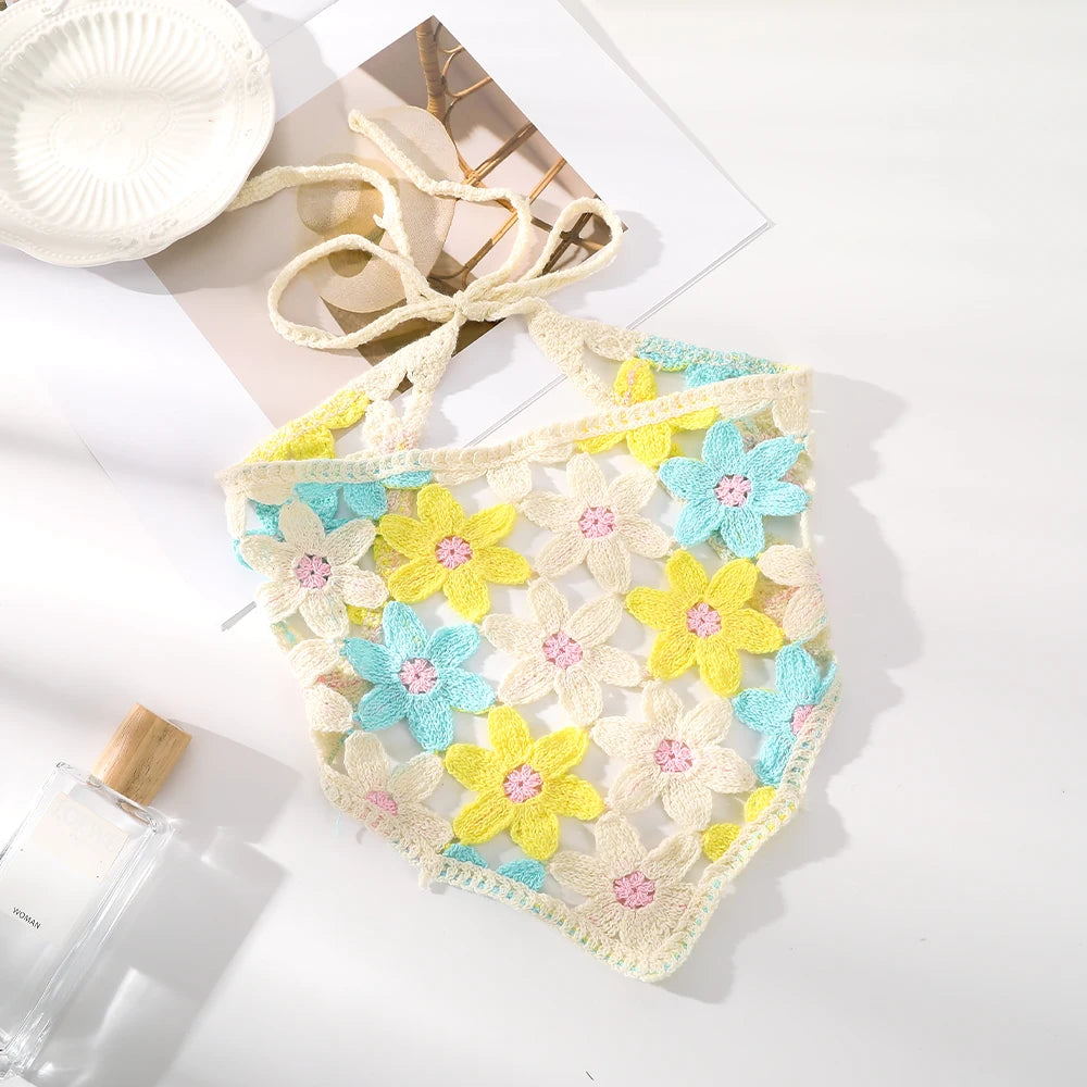 Foulard Triangle Tricoté Fleurs Jaune