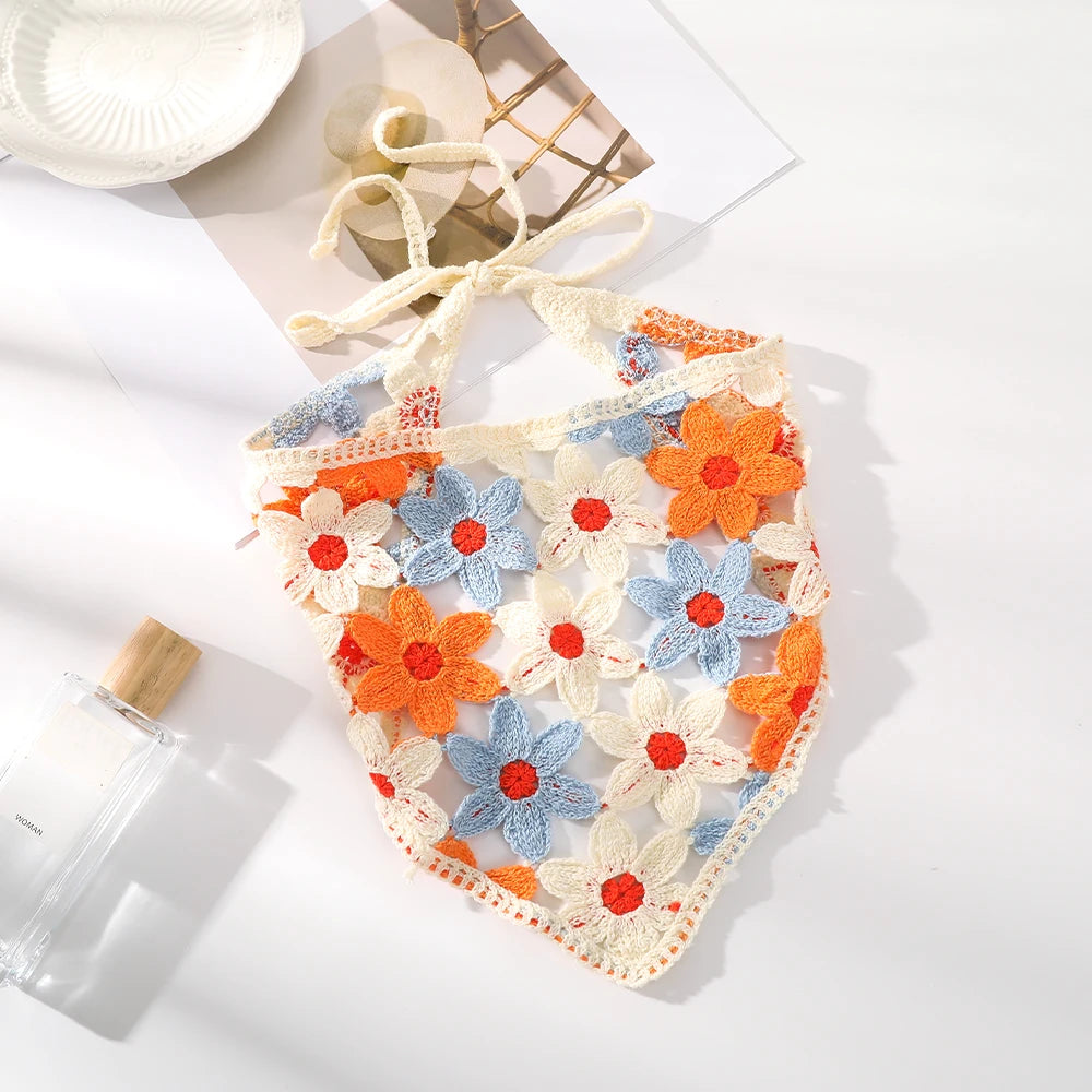 Foulard Triangle Tricoté Fleurs Orange