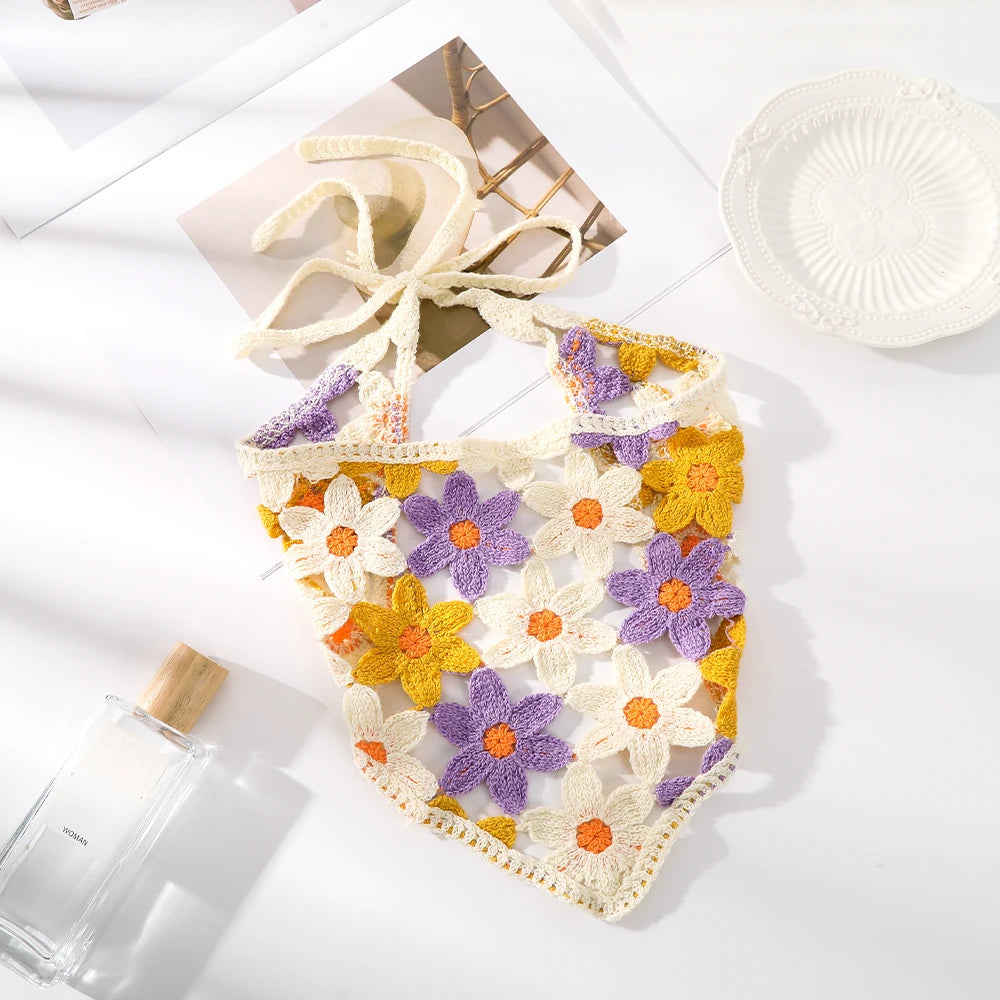 Foulard Triangle Tricoté Fleurs Violet