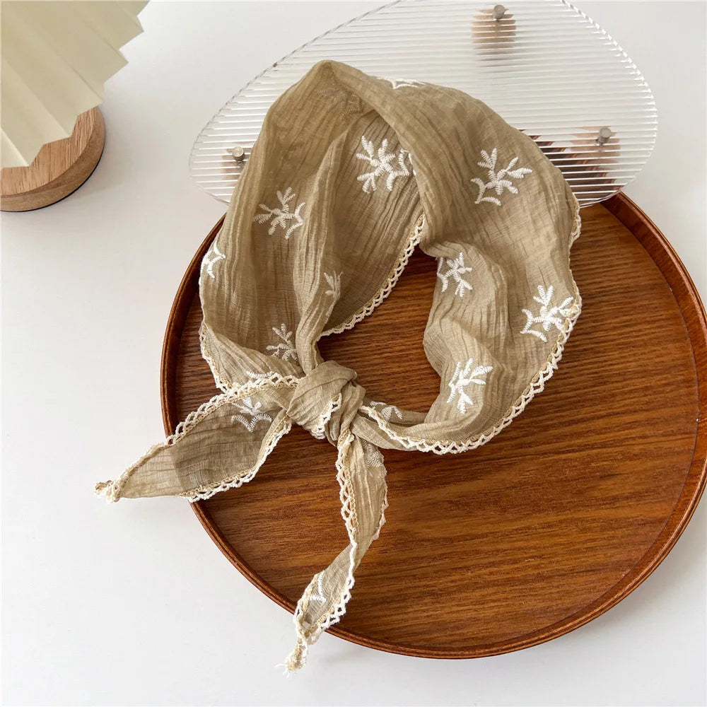 Foulard de Cheveux Triangle Fleuri Beige