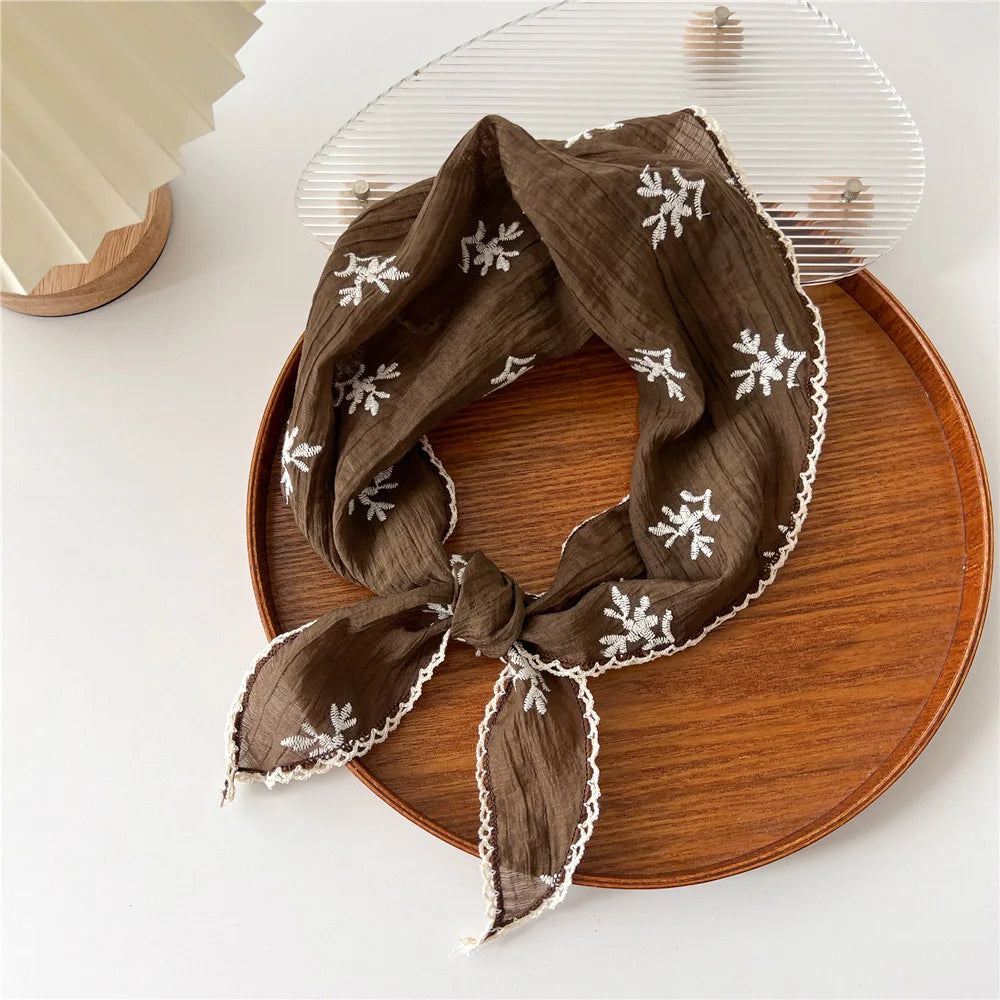Foulard de Cheveux Triangle Fleuri Marron