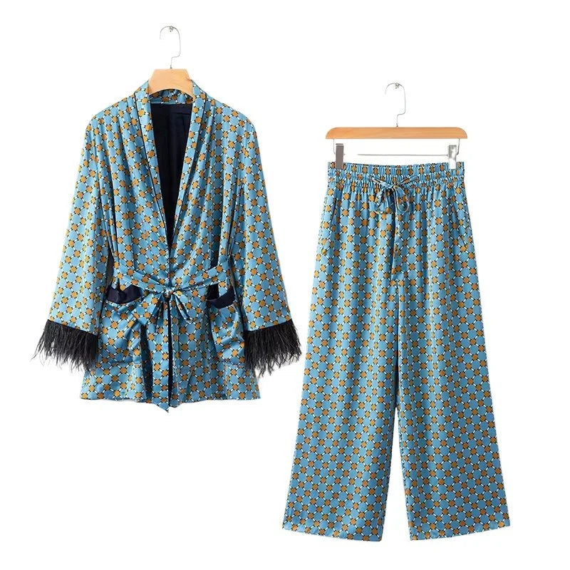 Ensemble Pyjama Kimono à Plumes élégant bleu