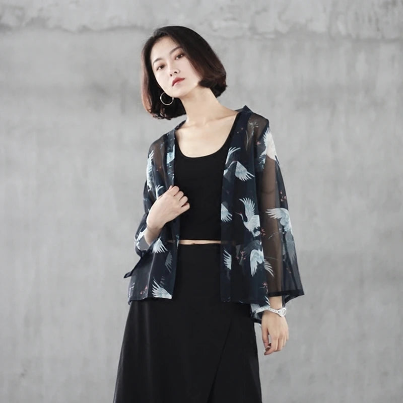 Veste Kimono Grues Transparente chic
