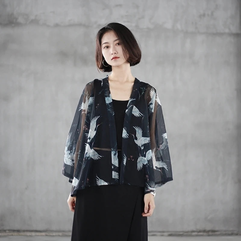 Veste Kimono Grues Transparente léger