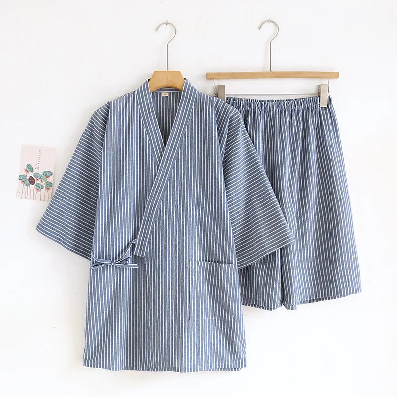 Jinbei Homme Bleu à Rayures Court