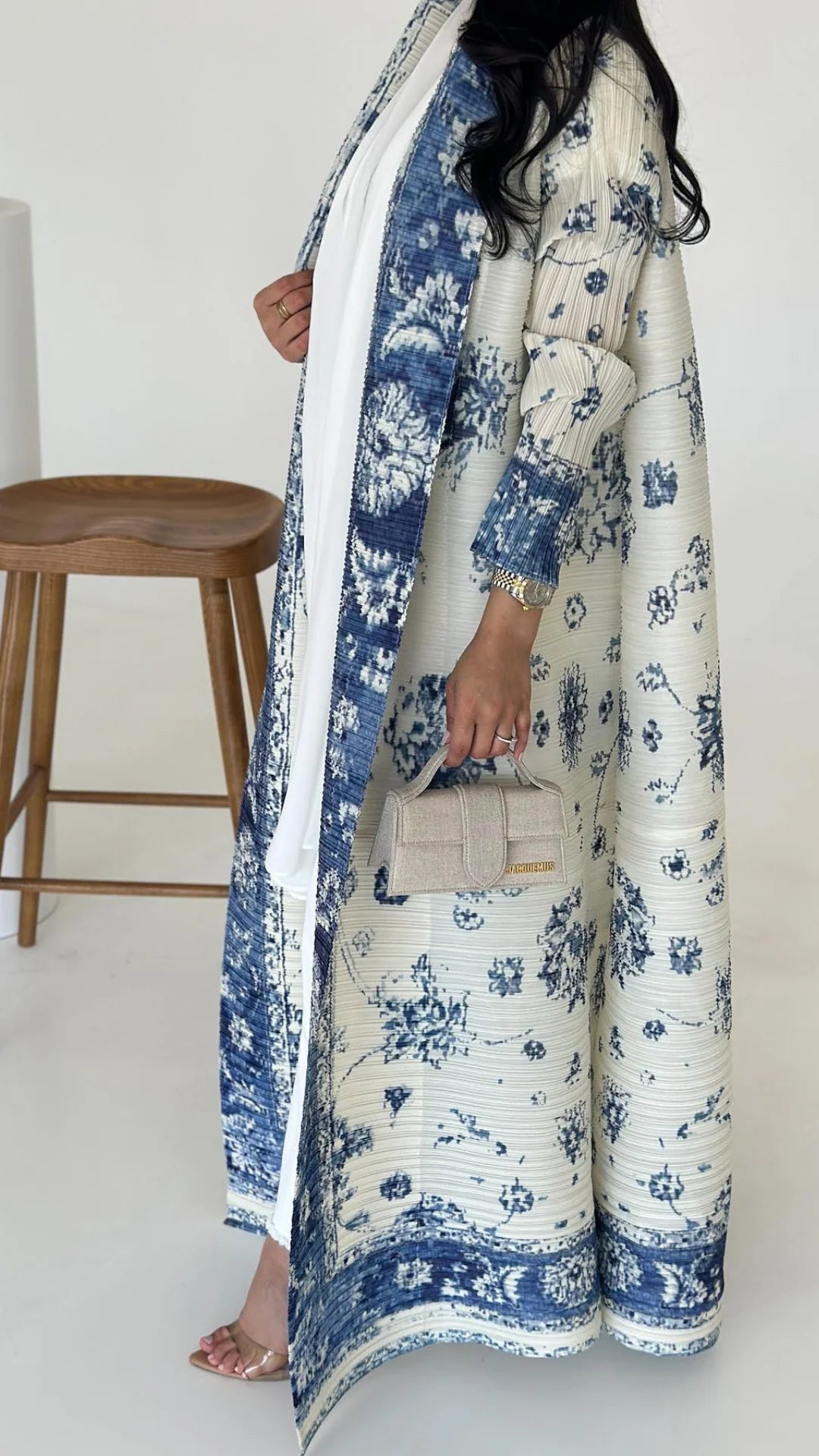 Kimono Abaya Blanc à Motifs Bleus chic