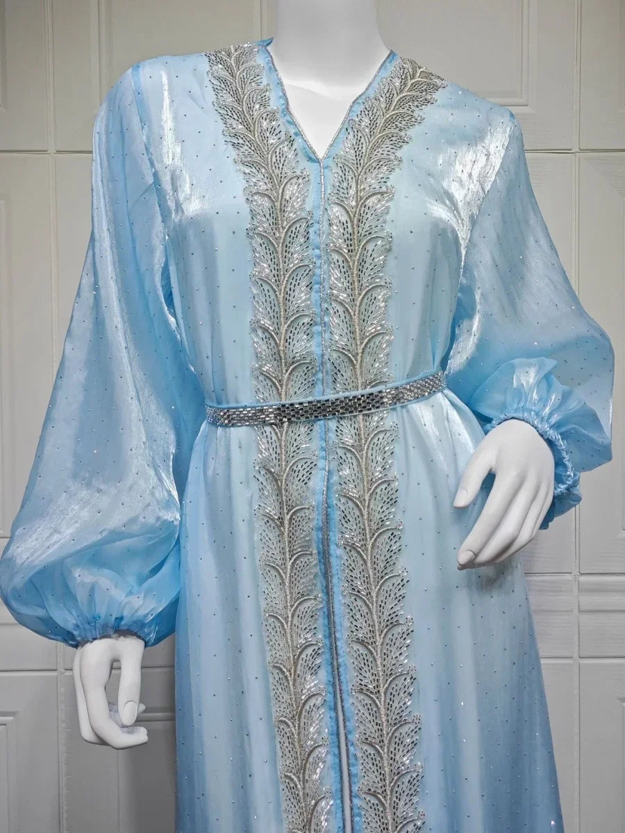 Kimono Abaya Bleu à Manches Bouffantes avec motif