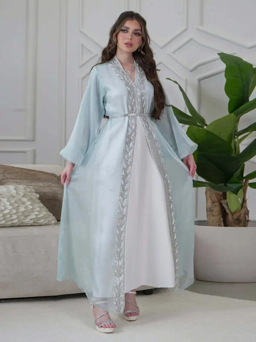 Kimono Abaya Bleu à Manches Bouffantes chic