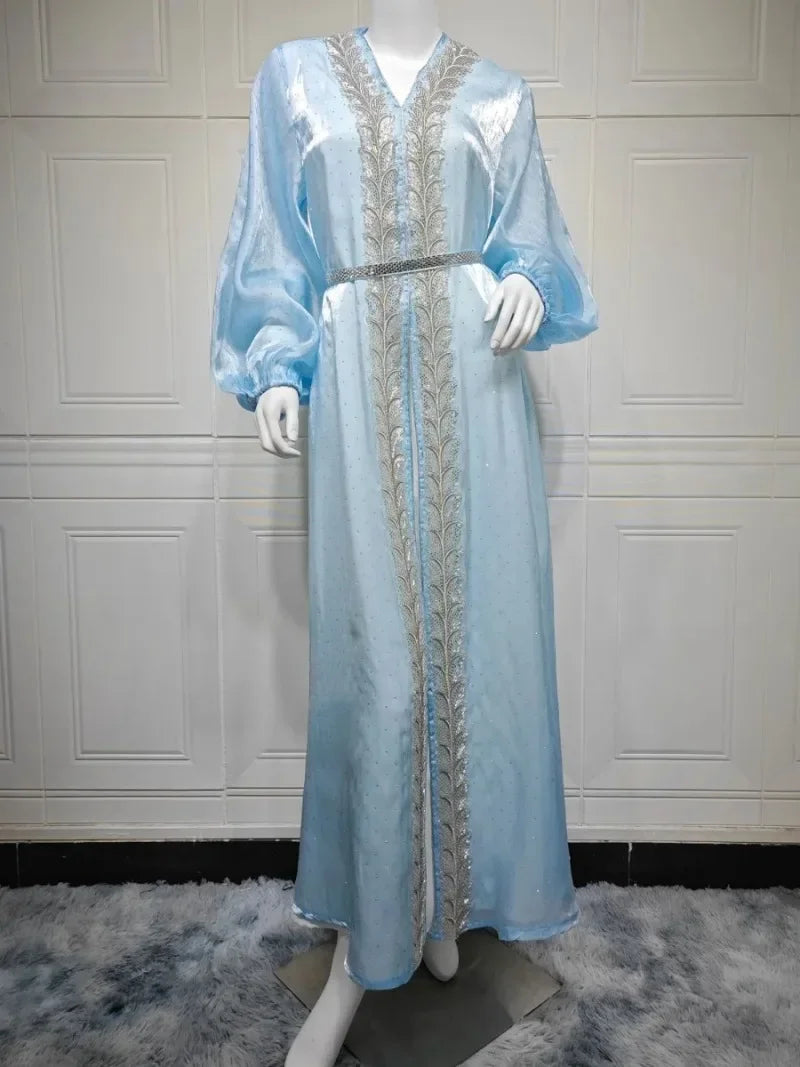Kimono Abaya Bleu à Manches Bouffantes tendance