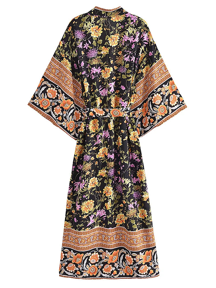 Kimono Bohème Femme Noir Floral doux