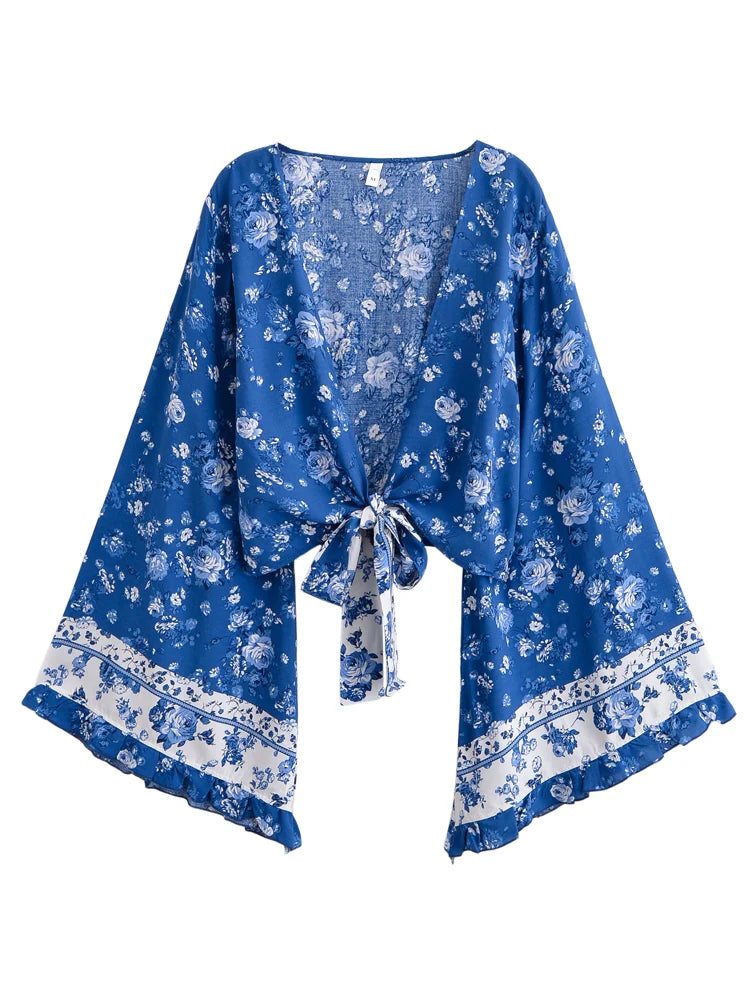 Kimono Court Boho Bleu à Fleurs Génial
