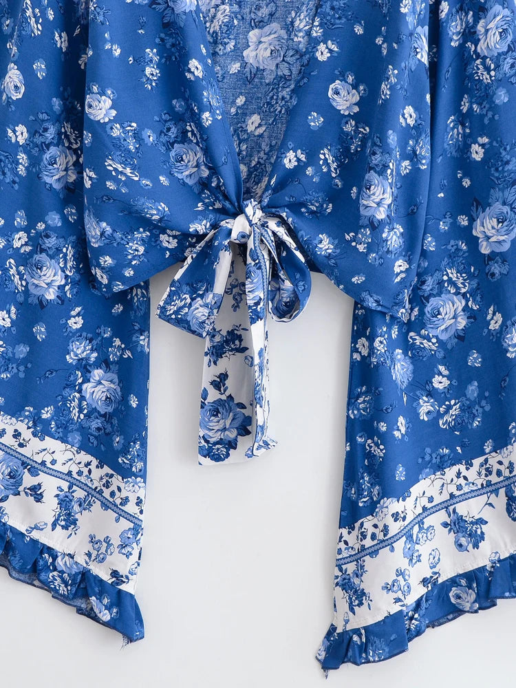 Kimono Court Boho Bleu à Fleurs Léger
