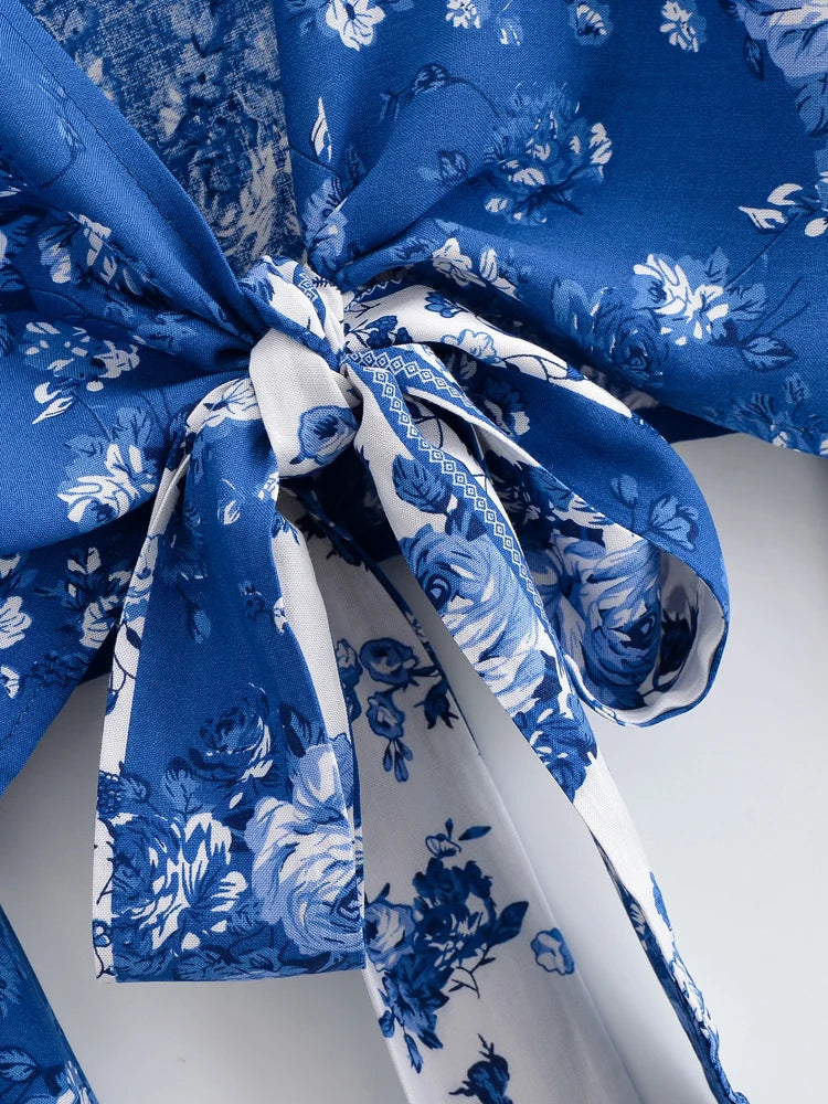 Kimono Court Boho Bleu à Fleurs Nœud