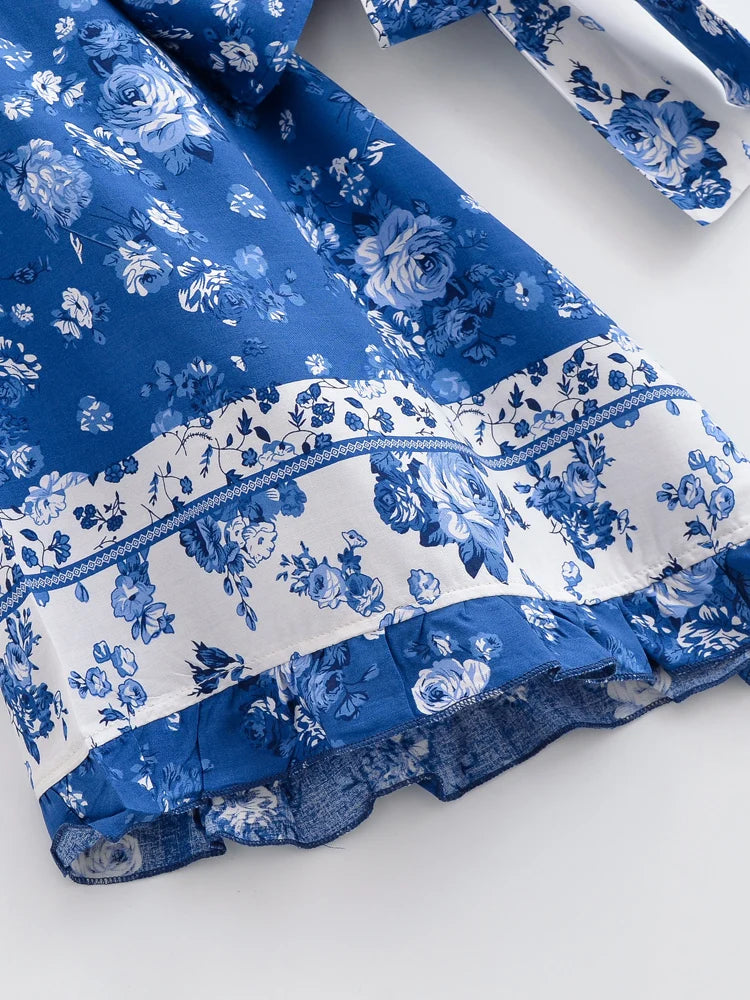 Kimono Court Boho Bleu à Fleurs Original