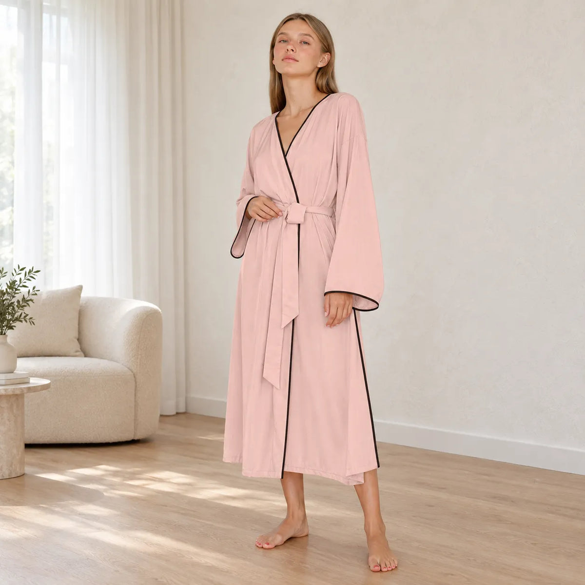 Kimono Femme Long Satin Rose
