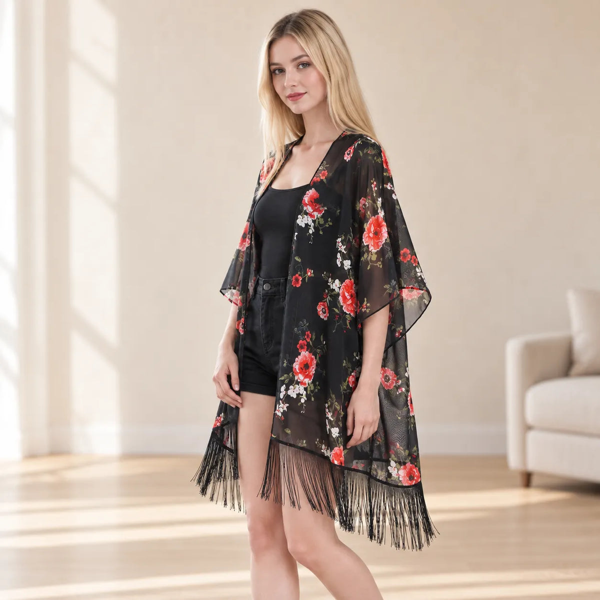 Kimono Mi Long Noir Fleuri