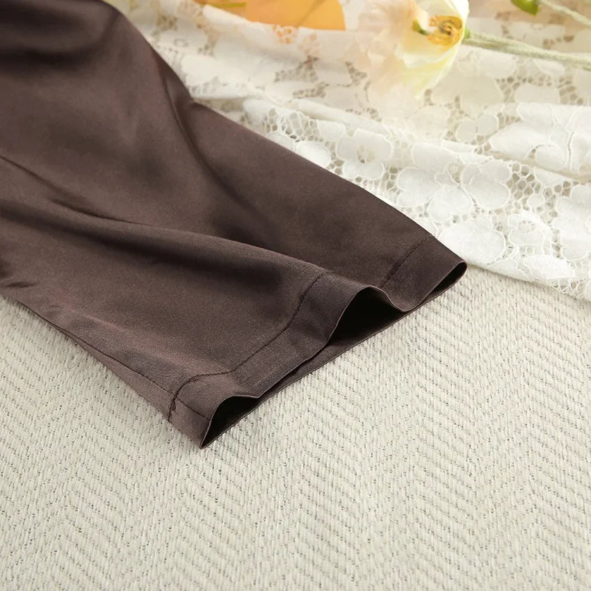 Kimono Pyjama Marron Satiné manche longue