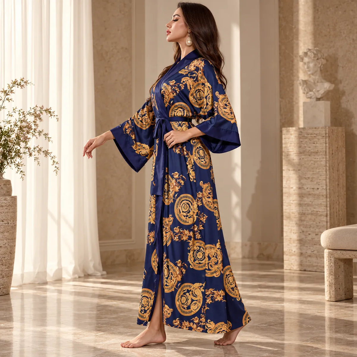 Kimono Soyeux Femme Nuit Bleu