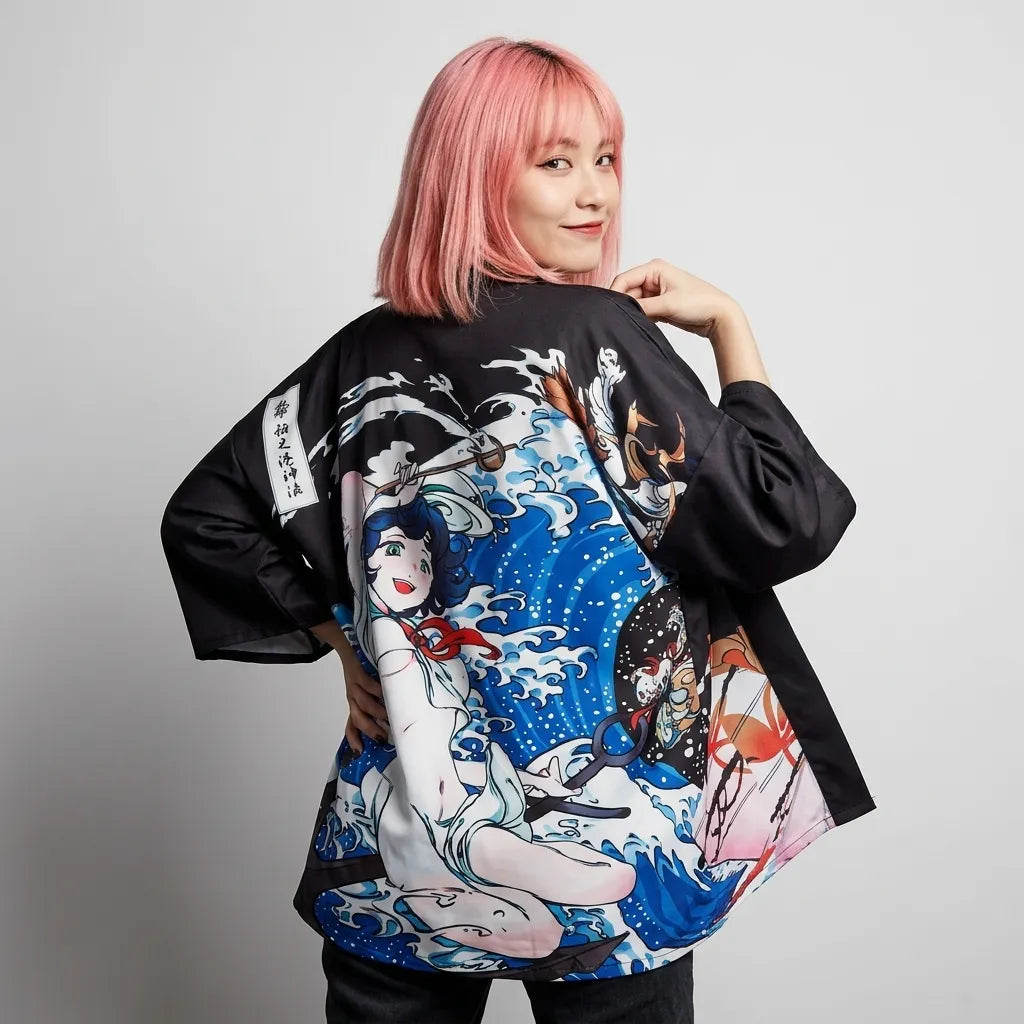 Kimono Veste Imprimé Mer Agitée Design