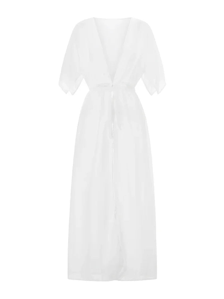 Kimono de Plage Estival Blanc à Manches Courtes