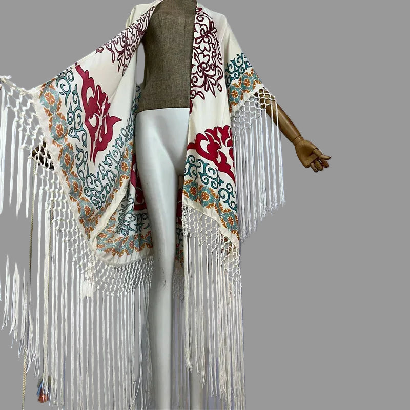 Kimono de Plage à Franges Blanc Imprimé Fleuri
