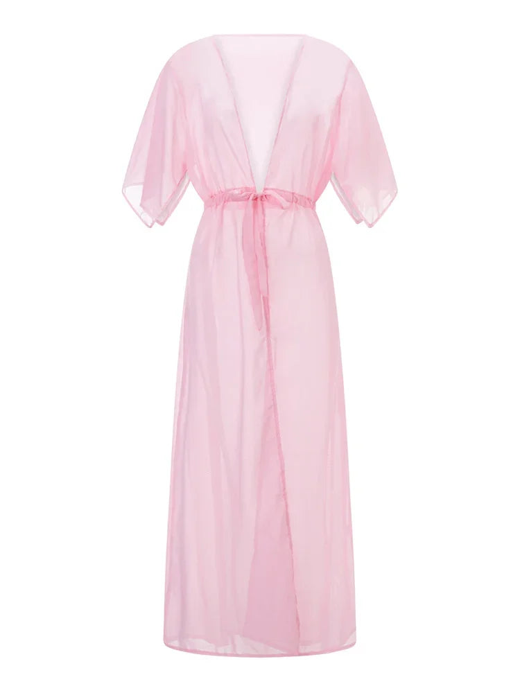 Kimono de Plage Léger Rose en Mousseline Chic