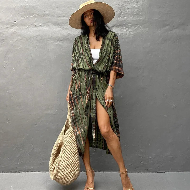 Kimono de Plage Vert Bohème Long