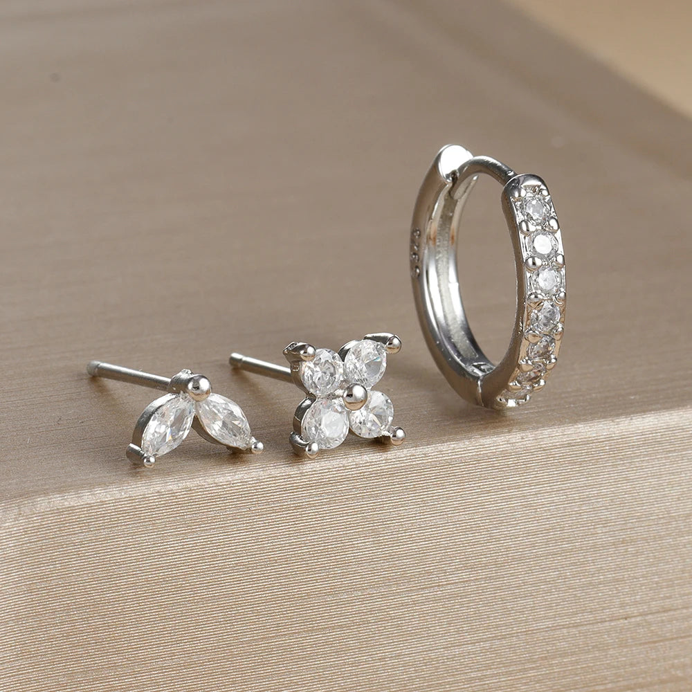 Lot de 3 Boucles d’Oreilles Argentées et Zircon Blanc