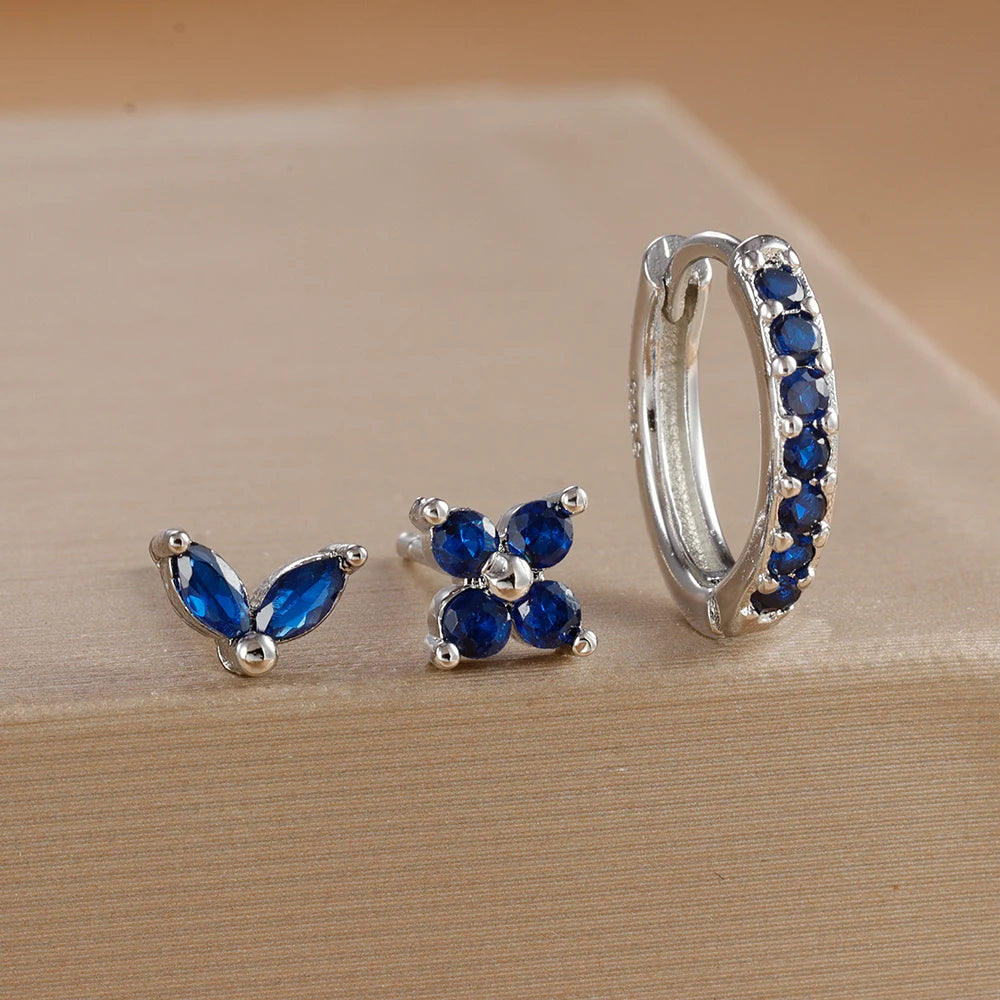 Lot de 3 Boucles d’Oreilles Argentées et Zircon Bleu