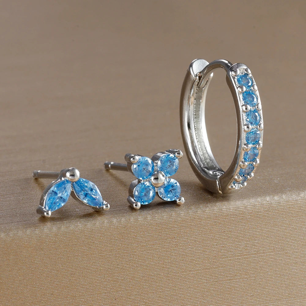 Lot de 3 Boucles d’Oreilles Argentées et Zircon Bleu ciel