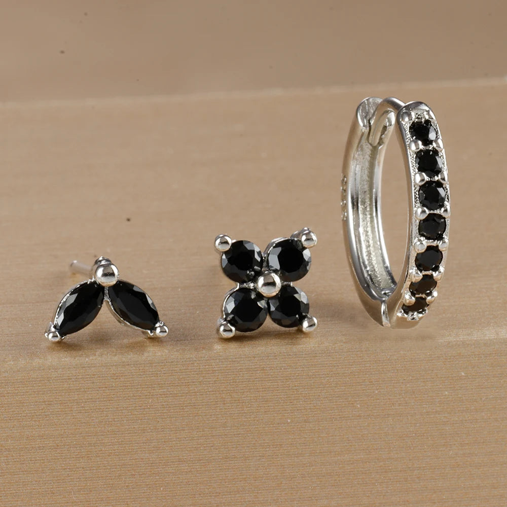 Lot de 3 Boucles d’Oreilles Argentées et Zircon Noir
